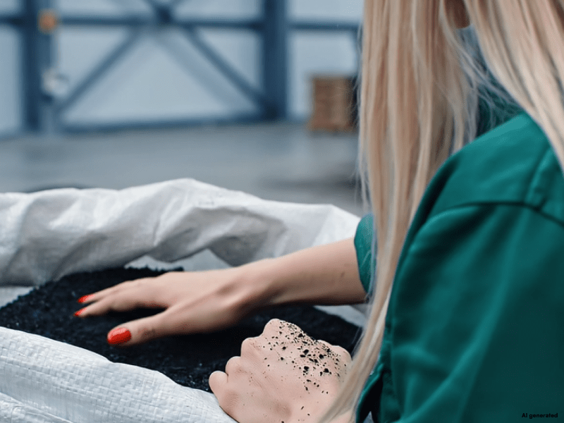 Hand streicht über Pflanzenkohle in einem Big Bag