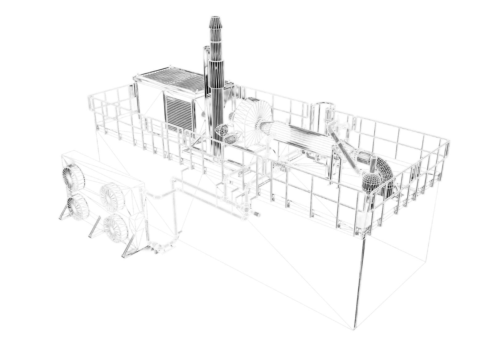 3D-Strichzeichnung einer Energieanlage mit Rohrleitungen und Bühne