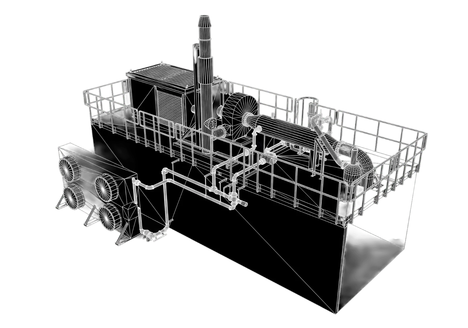 3D-Rendering der Anlage ClinX Heat mit Rohrleitungen und Wartungsbühne
