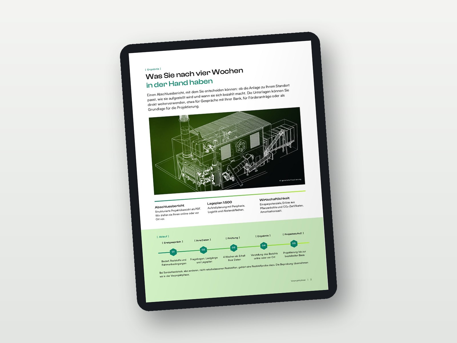 Mockup: Tablet mit Bericht der Vorprojektphase